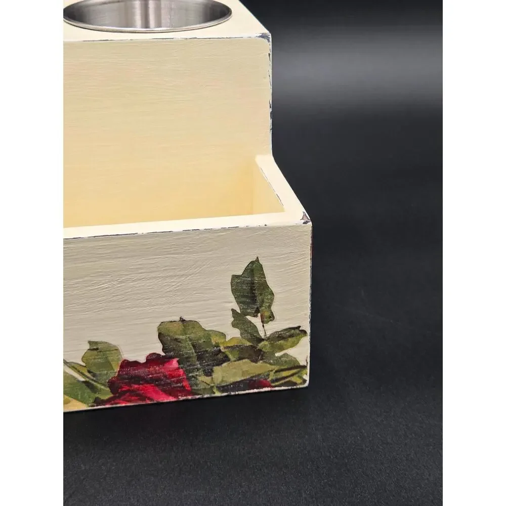 Cream Floral Wooden Desk Organizer – 3 Metal Cups & Front Storage Slot